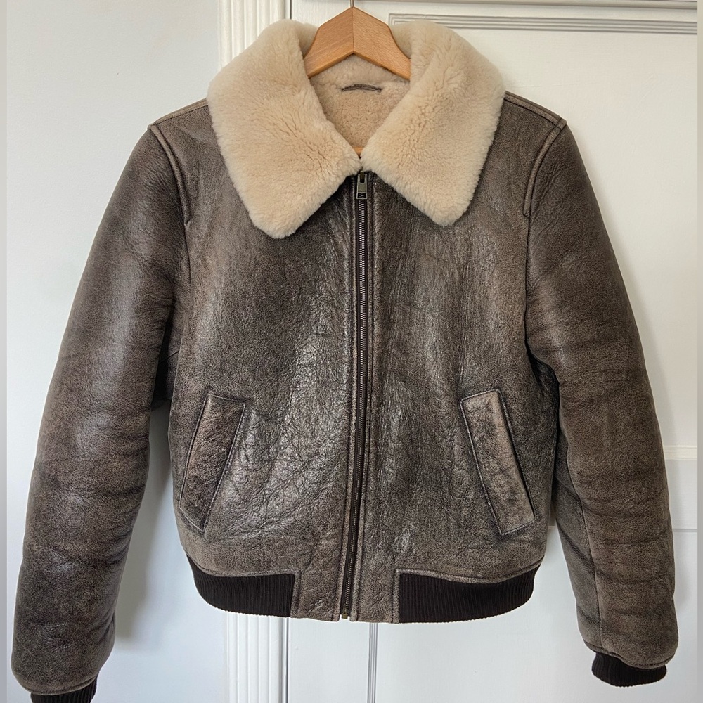 Shearling Leather Bomber Jacket - Brown
